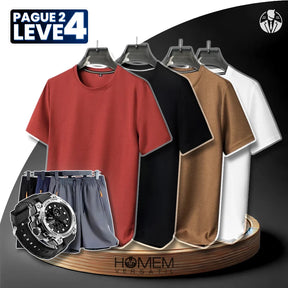 [Pague 2, Leve 4] Camiseta Vellano Waffle de Seda Gelada em Nylon e Elastano + BRINDES: 3 Bermudas e Relógio
