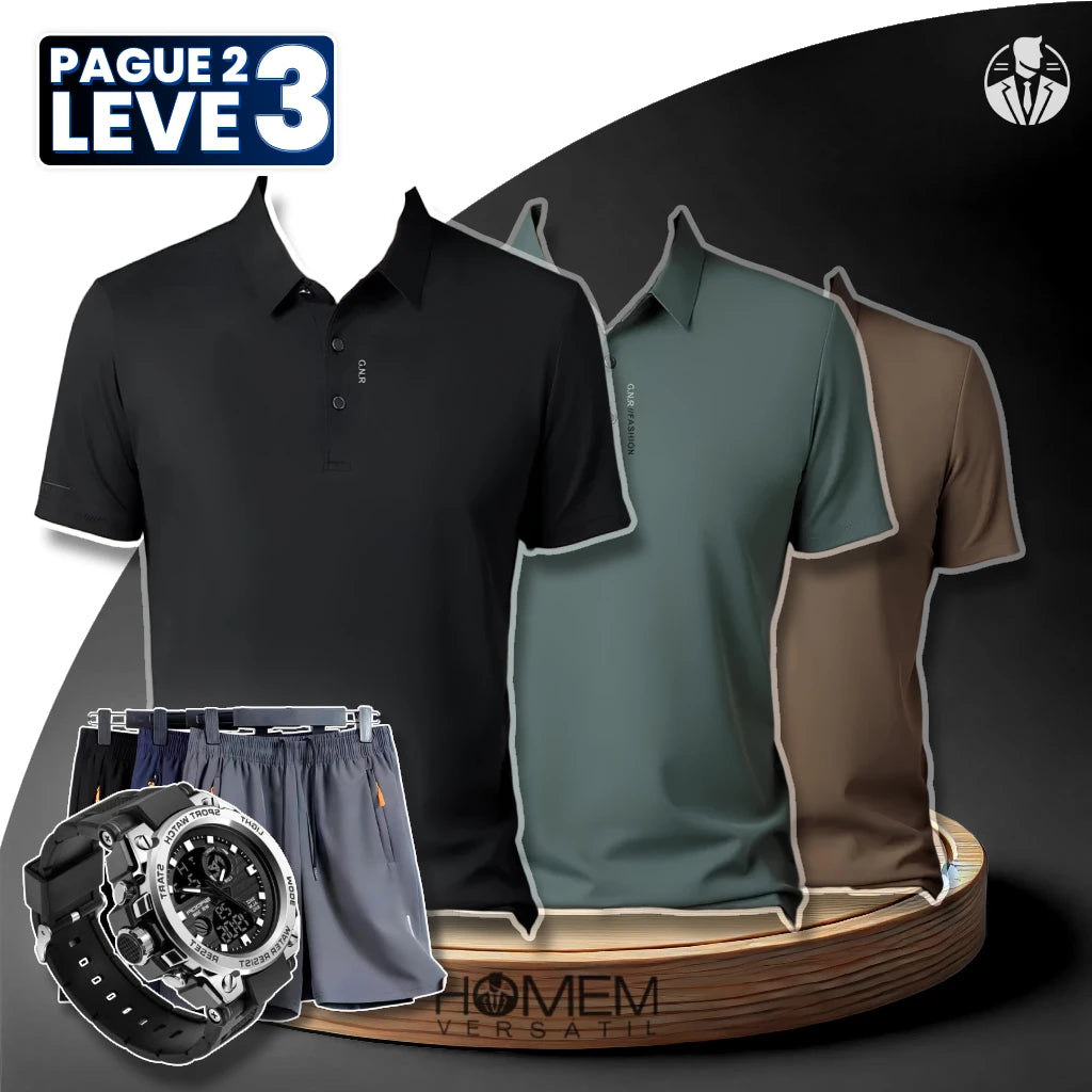 [Pague 2, Leve 3] Camisa Polo Casual Vandor em Seda Gelo e Poliéster + BRINDES: 3 Bermudas e Relógio Tático