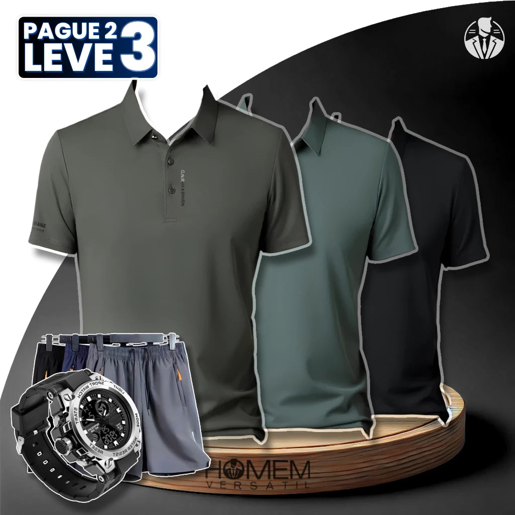 [Pague 2, Leve 3] Camisa Polo Casual Vandor em Seda Gelo e Poliéster + BRINDES: 3 Bermudas e Relógio Tático